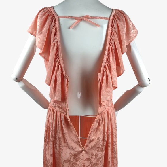 Vintage 1980s Shell Pink Tea Dress Floral Damask Ruffle Neckline Open Tie Back M - Picture 13 of 16